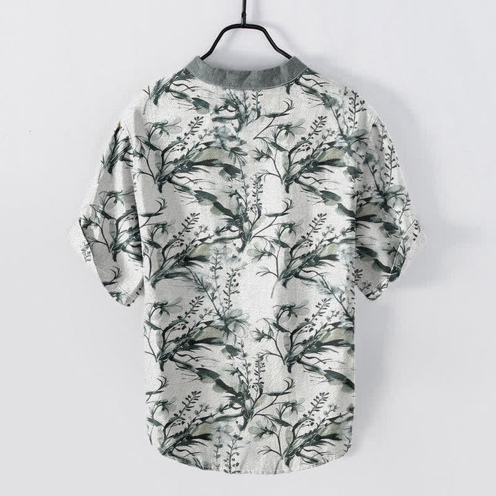 Buddha Stones Camisa de manga corta con medio botón y estampado de ramitas de lavanda para hombre, de algodón puro. - Lavanda - US/UK/AU50, EU60 (5XL) - image 1
