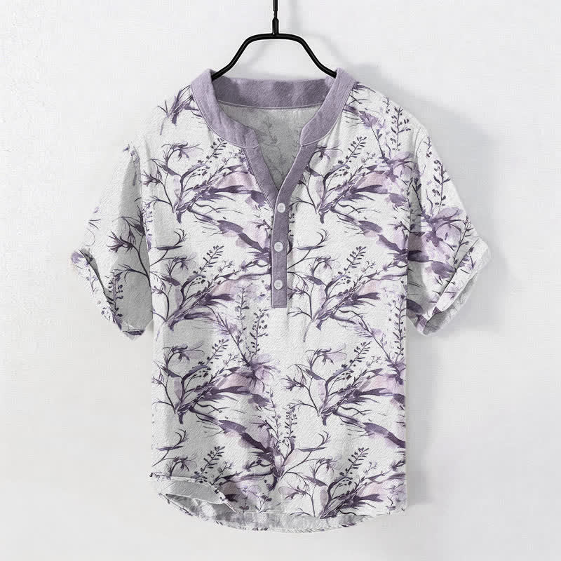 Buddha Stones Camisa de manga corta con medio botón y estampado de ramitas de lavanda para hombre, de algodón puro. - image 3