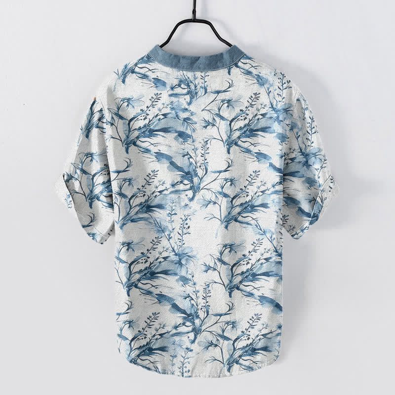 Buddha Stones Camisa de manga corta con medio botón y estampado de ramitas de lavanda para hombre, de algodón puro. - image 6
