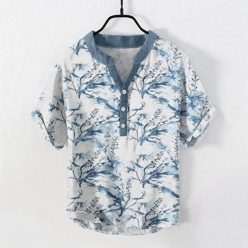 Buddha Stones Camisa de manga corta con medio botón y estampado de ramitas de lavanda para hombre, de algodón puro. - image 5