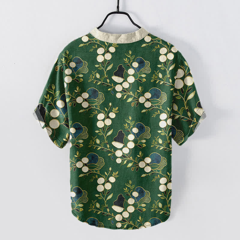 Buddha Stones Camisa de manga corta con medio botón y estampado floral de bayas de algodón para hombre - image 1