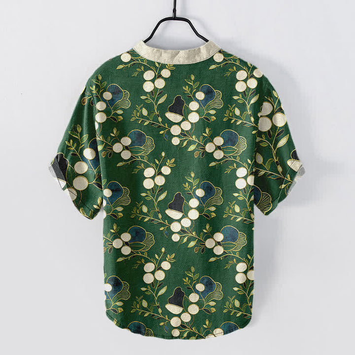 Buddha Stones Camisa de manga corta con medio botón y estampado floral de bayas de algodón para hombre - image 1
