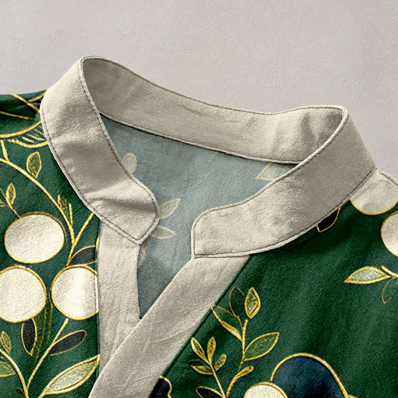 Buddha Stones Camisa de manga corta con medio botón y estampado floral de bayas de algodón para hombre - image 2