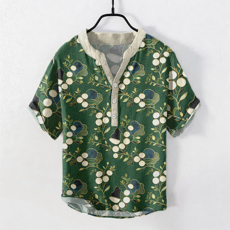 Buddha Stones Camisa de manga corta con medio botón y estampado floral de bayas de algodón para hombre - Verde bosque - US/UK/AU50, EU60 (5XL) - image 0