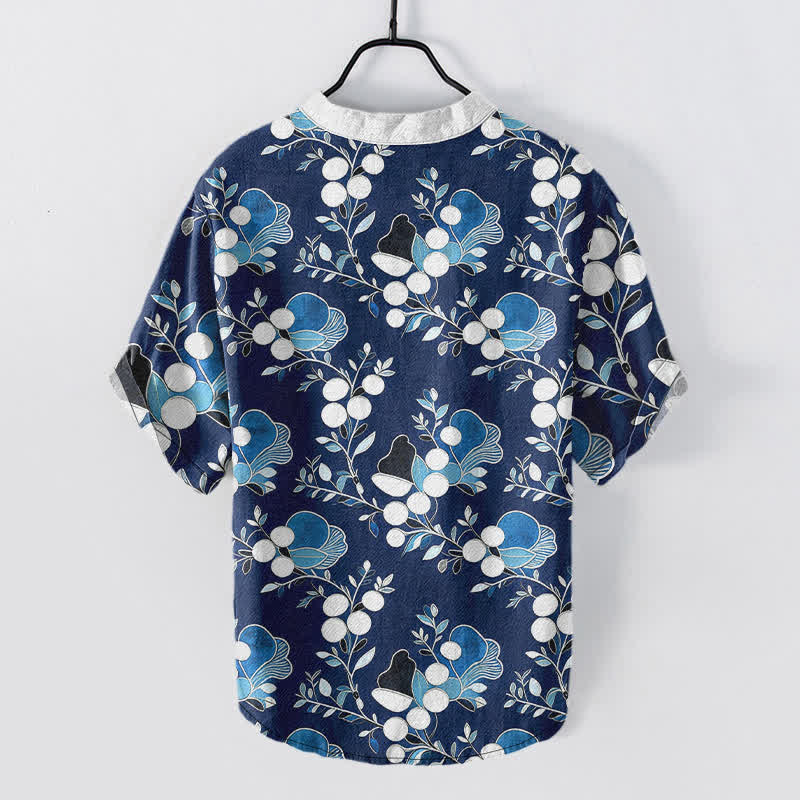 Buddha Stones Camisa de manga corta con medio botón y estampado floral de bayas de algodón para hombre - image 6