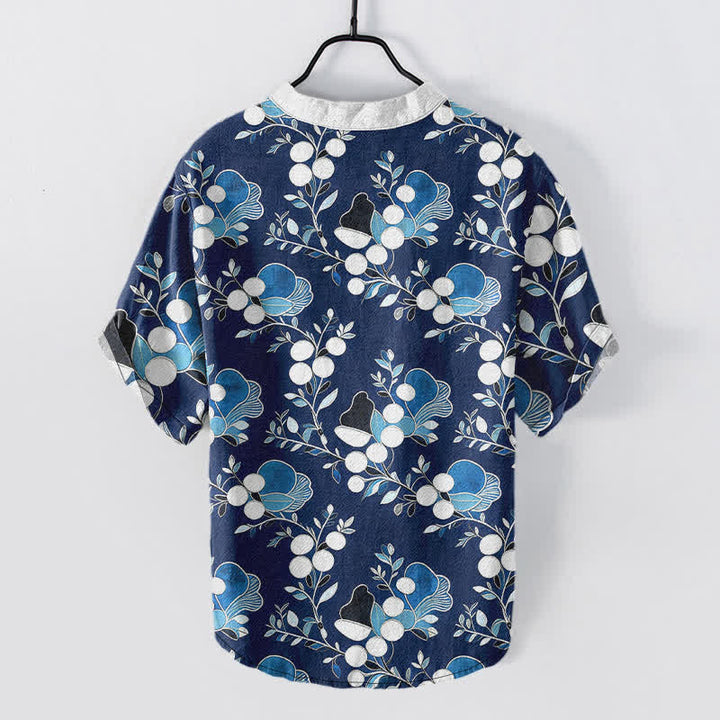 Buddha Stones Camisa de manga corta con medio botón y estampado floral de bayas de algodón para hombre - image 6