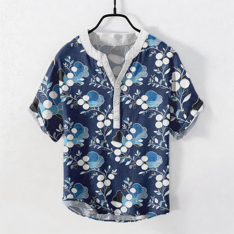 Buddha Stones Camisa de manga corta con medio botón y estampado floral de bayas de algodón para hombre - Marina de guerra - US/UK/AU50, EU60 (5XL) - image 5