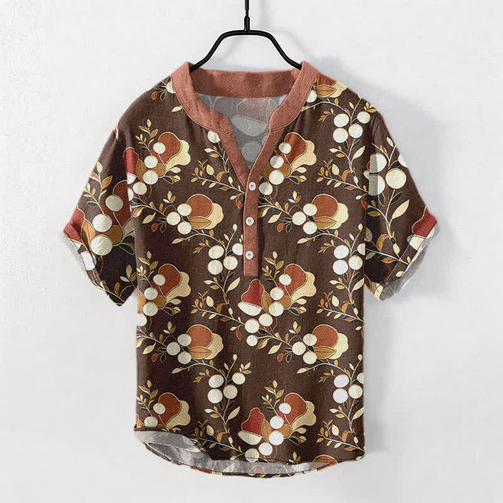 Buddha Stones Camisa de manga corta con medio botón y estampado floral de bayas de algodón para hombre - Marrón silla de montar - US/UK/AU50, EU60 (5XL) - image 7