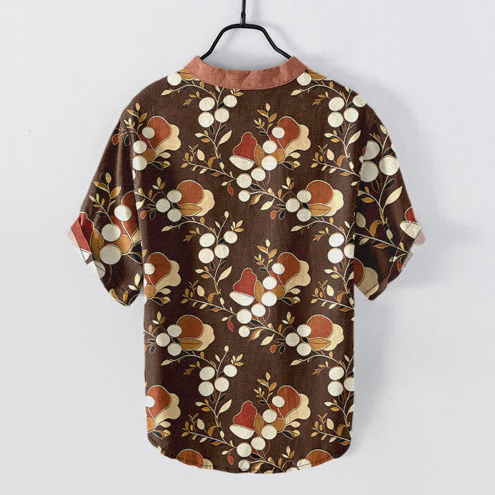 Buddha Stones Camisa de manga corta con medio botón y estampado floral de bayas de algodón para hombre - image 8