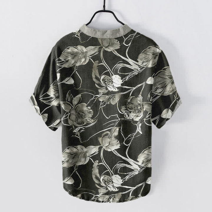Buddha Stones Camisa de manga corta con medio botón y estampado floral botánico de algodón para hombre - image 1