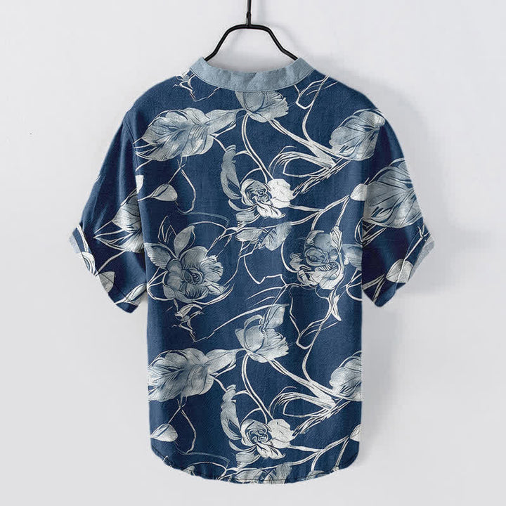Buddha Stones Camisa de manga corta con medio botón y estampado floral botánico de algodón para hombre - image 6