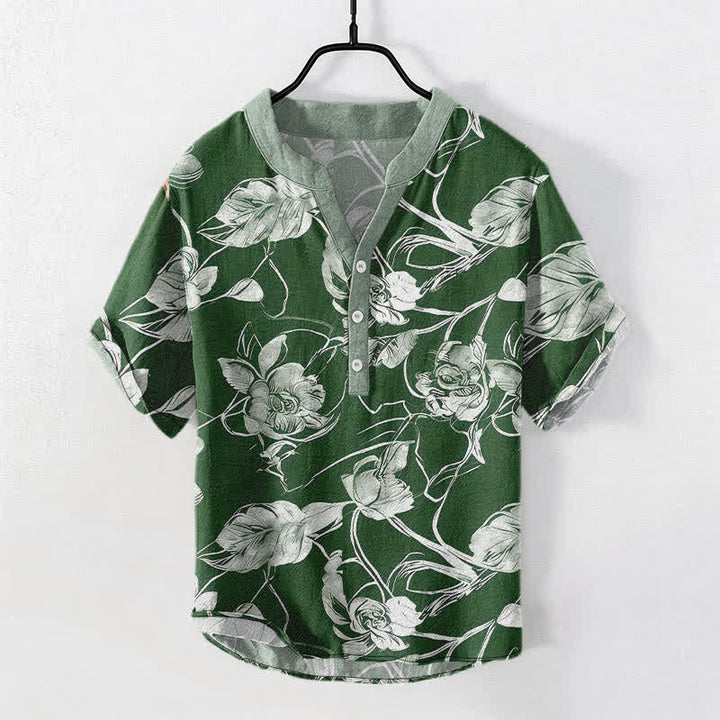 Buddha Stones Camisa de manga corta con medio botón y estampado floral botánico de algodón para hombre - Verde bosque - US/UK/AU50, EU60 (5XL) - image 7