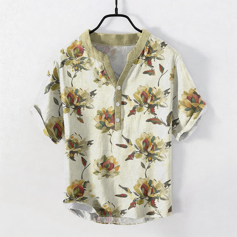 Buddha Stones Camisa de manga corta con medio botón y estampado floral vintage de algodón para hombre. - Lino - US/UK/AU50, EU60 (5XL) - image 0