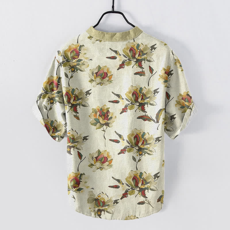 Buddha Stones Camisa de manga corta con medio botón y estampado floral vintage de algodón para hombre. - image 1