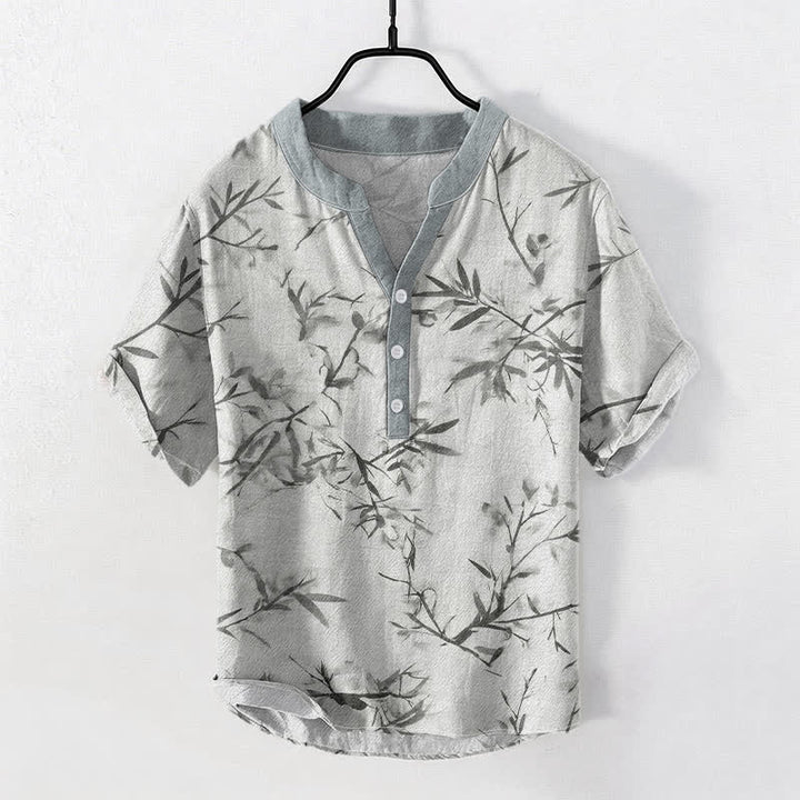 Buddha Stones Camisa de manga corta con medio botón para hombre, de algodón con estampado de tinta de bambú. - Gris claro - US/UK/AU50, EU60 (5XL) - image 0