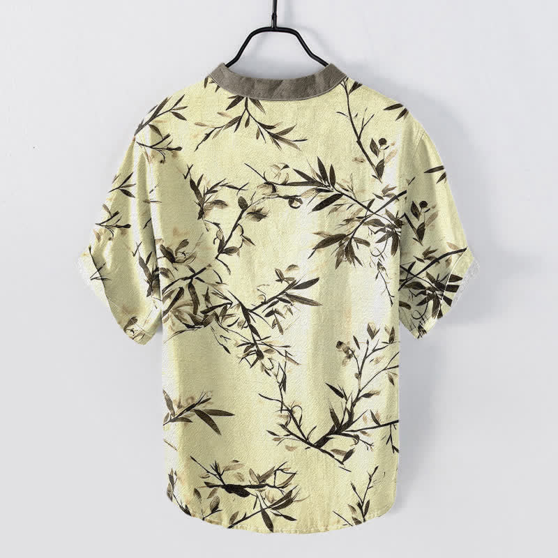 Buddha Stones Camisa de manga corta con medio botón para hombre, de algodón con estampado de tinta de bambú. - image 4