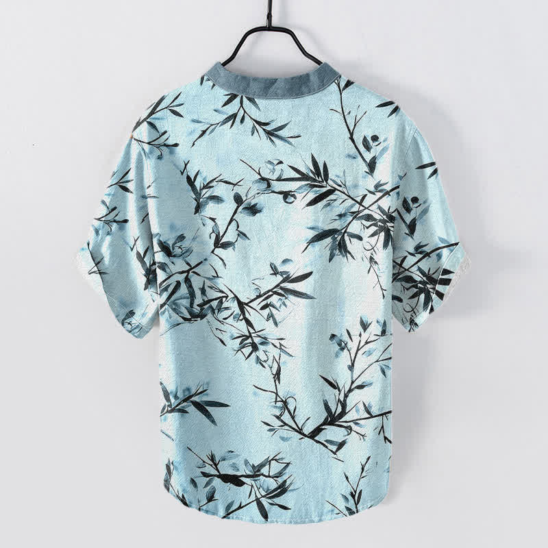 Buddha Stones Camisa de manga corta con medio botón para hombre, de algodón con estampado de tinta de bambú. - image 6