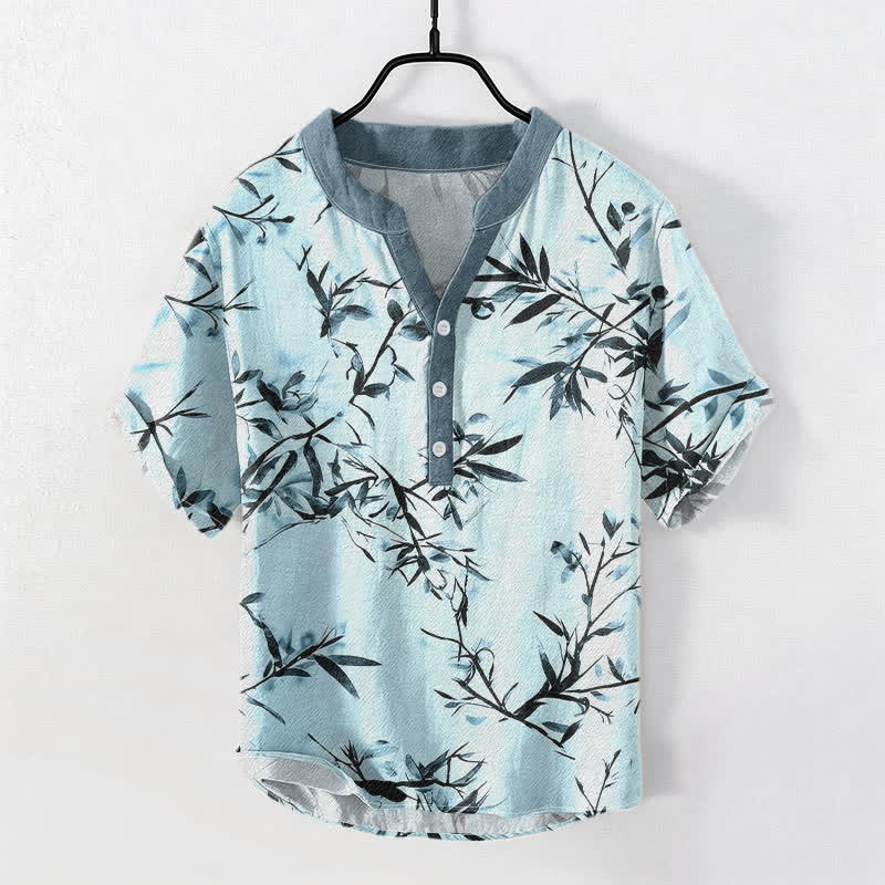 Buddha Stones Camisa de manga corta con medio botón para hombre, de algodón con estampado de tinta de bambú. - Turquesa pálido - US/UK/AU50, EU60 (5XL) - image 5