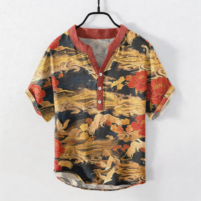 Buddha Stones Camisa de manga corta con medio botón para hombre, color blanco vintage, de algodón, con estampado de grullas y peonías. - Negro - US/UK/AU50, EU60 (5XL) - image 0