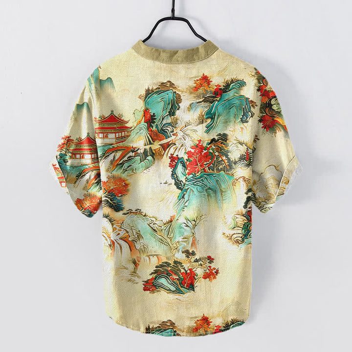Buddha Stones Camisa de manga corta con medio botón para hombre, de algodón, con estampado de paisaje oriental de pagodas y montañas. - image 1