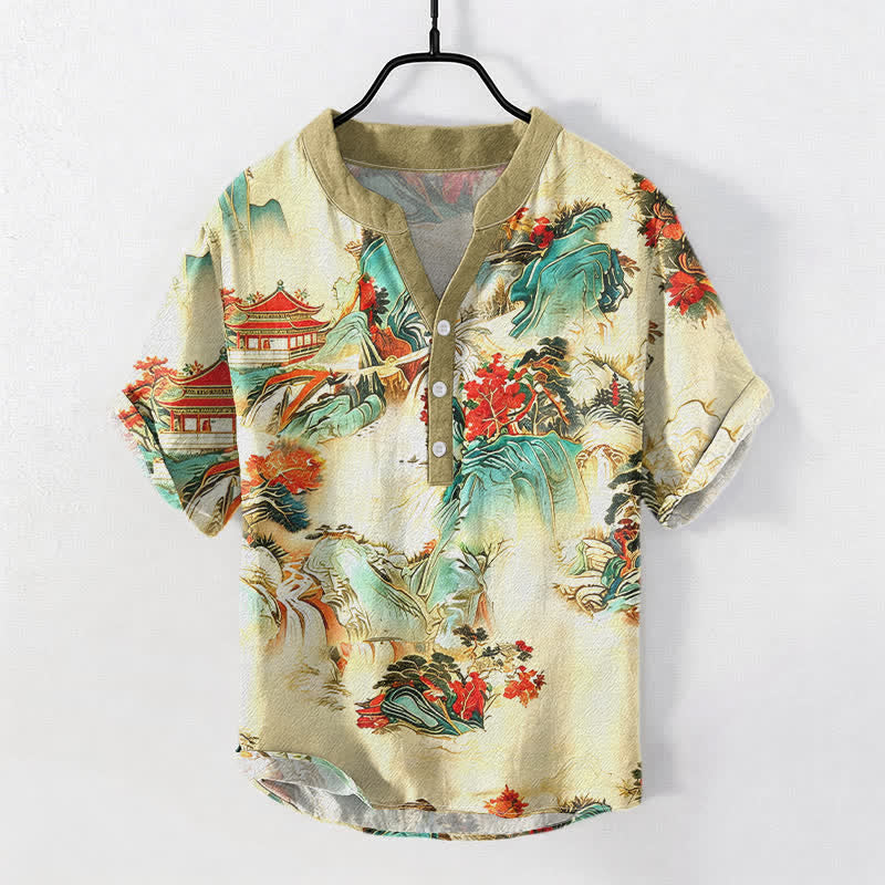 Buddha Stones Camisa de manga corta con medio botón para hombre, de algodón, con estampado de paisaje oriental de pagodas y montañas. - Lino - US/UK/AU50, EU60 (5XL) - image 0