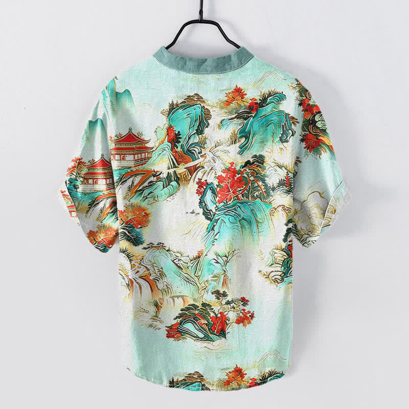 Buddha Stones Camisa de manga corta con medio botón para hombre, de algodón, con estampado de paisaje oriental de pagodas y montañas. - image 4