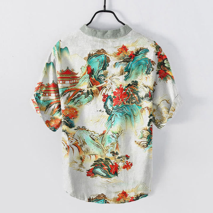 Buddha Stones Camisa de manga corta con medio botón para hombre, de algodón, con estampado de paisaje oriental de pagodas y montañas. - image 6