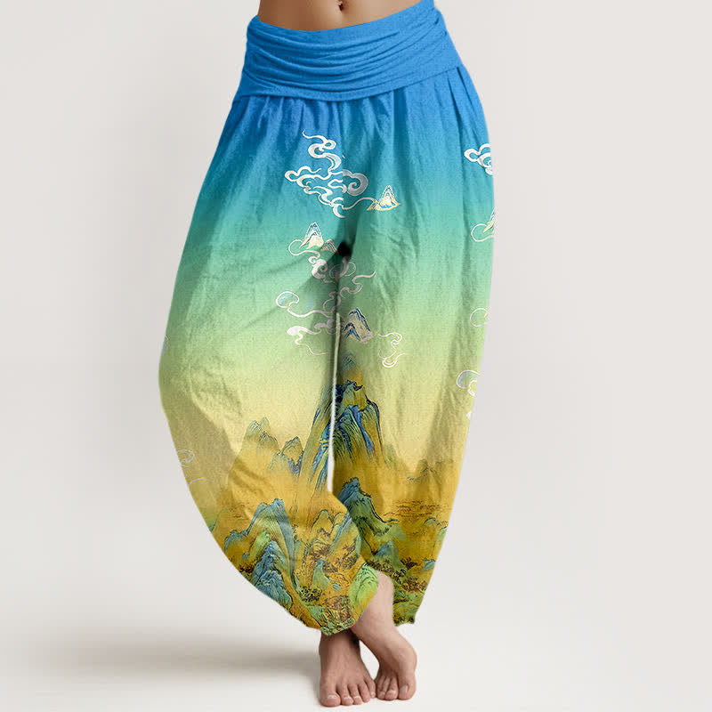 Buddha Stones Pantalones harem de mujer con cintura elástica y estampado degradado de montaña, de algodón puro con efecto lavado a la tinta. - Turquesa - US16，UK/AU20，EU48 (3XL) - image 0