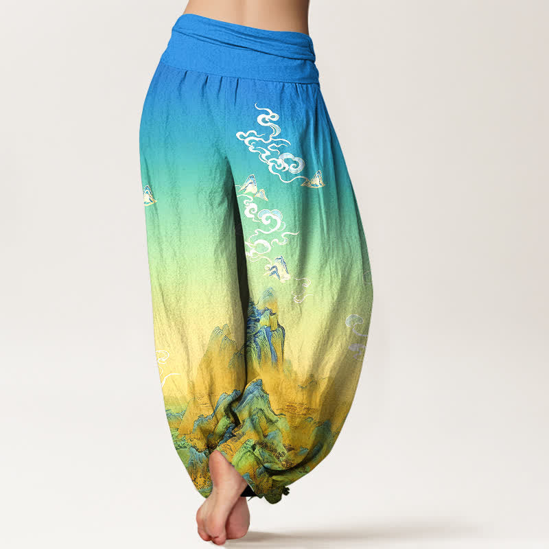 Buddha Stones Pantalones harem de mujer con cintura elástica y estampado degradado de montaña, de algodón puro con efecto lavado a la tinta. - image 1