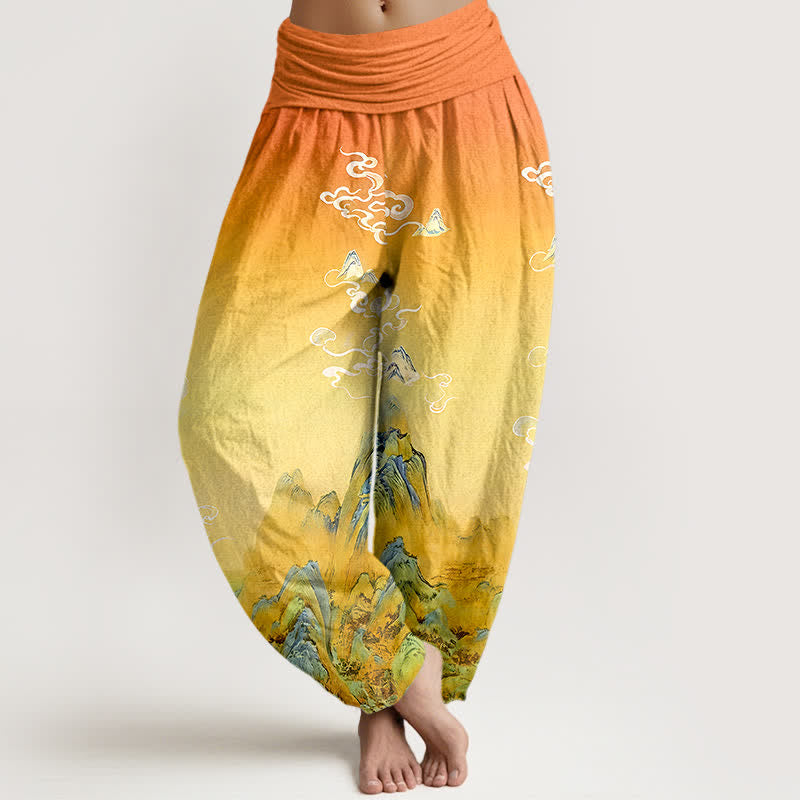 Buddha Stones Pantalones harem de mujer con cintura elástica y estampado degradado de montaña, de algodón puro con efecto lavado a la tinta. - vara de oro - US16，UK/AU20，EU48 (3XL) - image 8