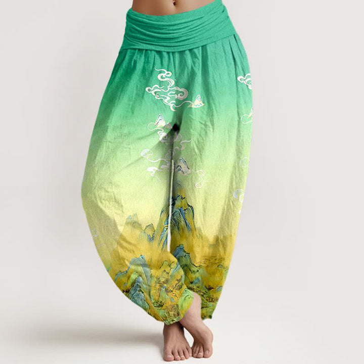 Buddha Stones Pantalones harem de mujer con cintura elástica y estampado degradado de montaña, de algodón puro con efecto lavado a la tinta. - Verde mar medio - US16，UK/AU20，EU48 (3XL) - image 5