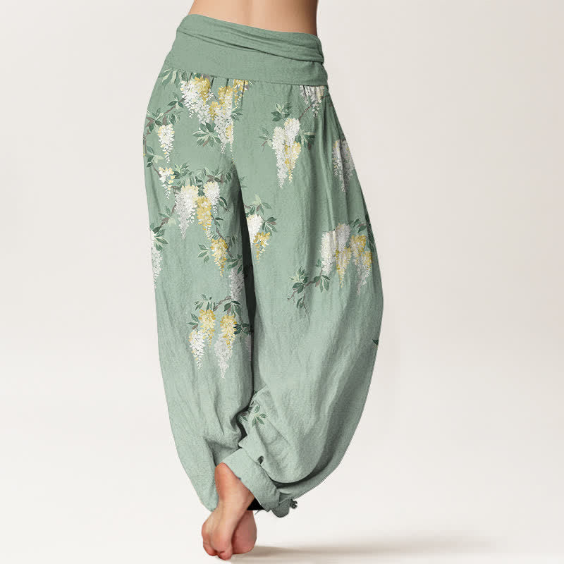 Buddha Stones Pantalones harem de mujer de algodón puro con estampado de flores blancas y amarillas y cintura elástica. - image 1