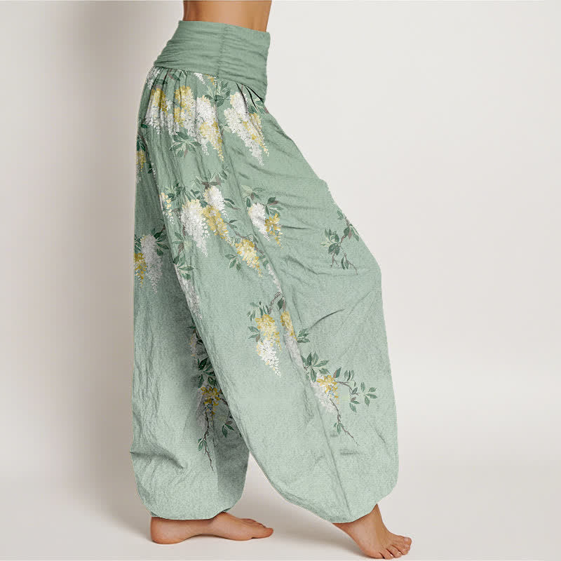 Buddha Stones Pantalones harem de mujer de algodón puro con estampado de flores blancas y amarillas y cintura elástica. - image 2