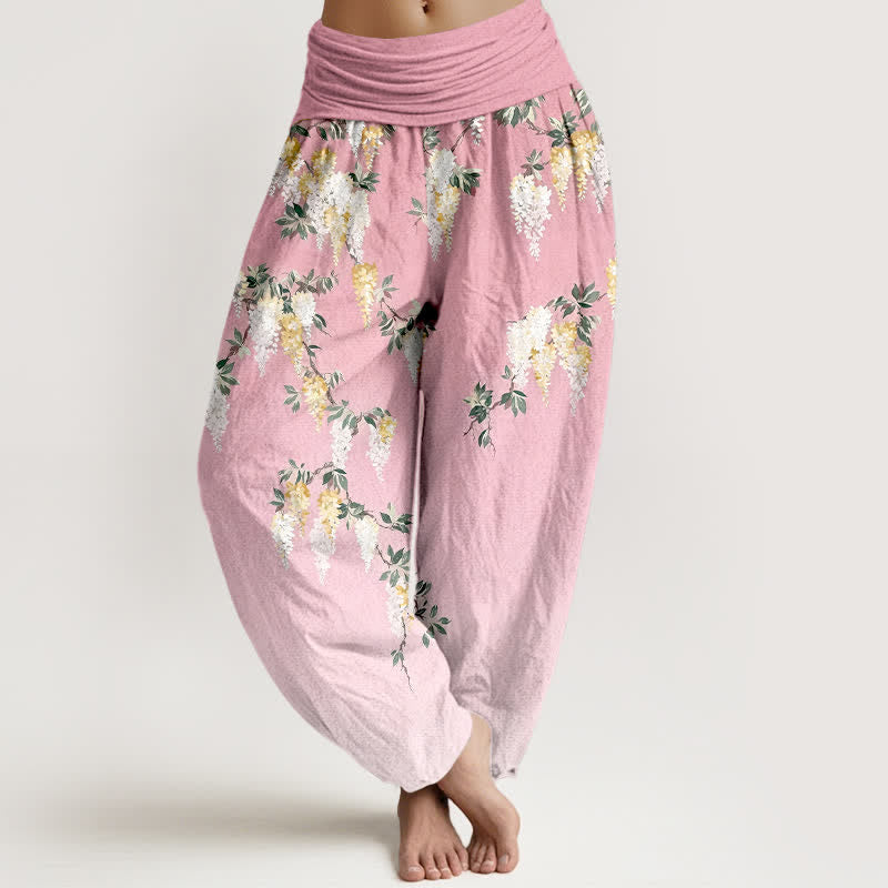 Buddha Stones Pantalones harem de mujer de algodón puro con estampado de flores blancas y amarillas y cintura elástica. - rosa claro - US16，UK/AU20，EU48 (3XL) - image 5