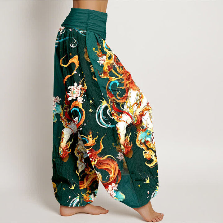 Buddha Stones Pantalones harem de mujer con cintura elástica y estampado de llamas de fénix mítico, de algodón puro. - image 2