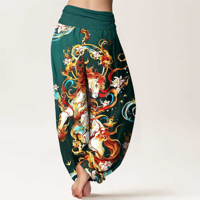 Buddha Stones Pantalones harem de mujer con cintura elástica y estampado de llamas de fénix mítico, de algodón puro. - image 1