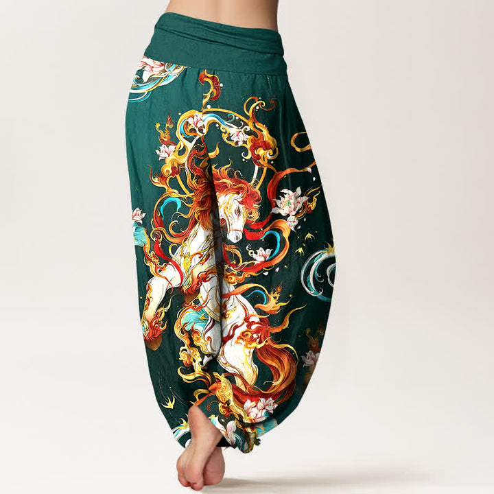 Buddha Stones Pantalones harem de mujer con cintura elástica y estampado de llamas de fénix mítico, de algodón puro. - image 1