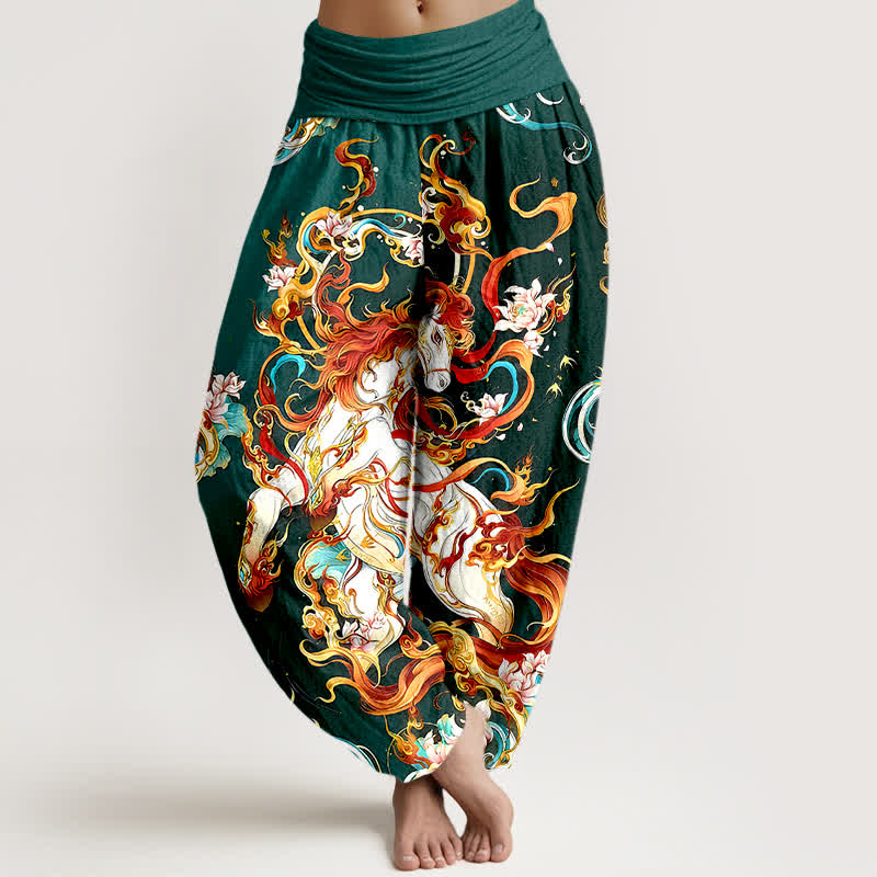 Buddha Stones Pantalones harem de mujer con cintura elástica y estampado de llamas de fénix mítico, de algodón puro. - Verde bosque - US16，UK/AU20，EU48 (3XL) - image 0