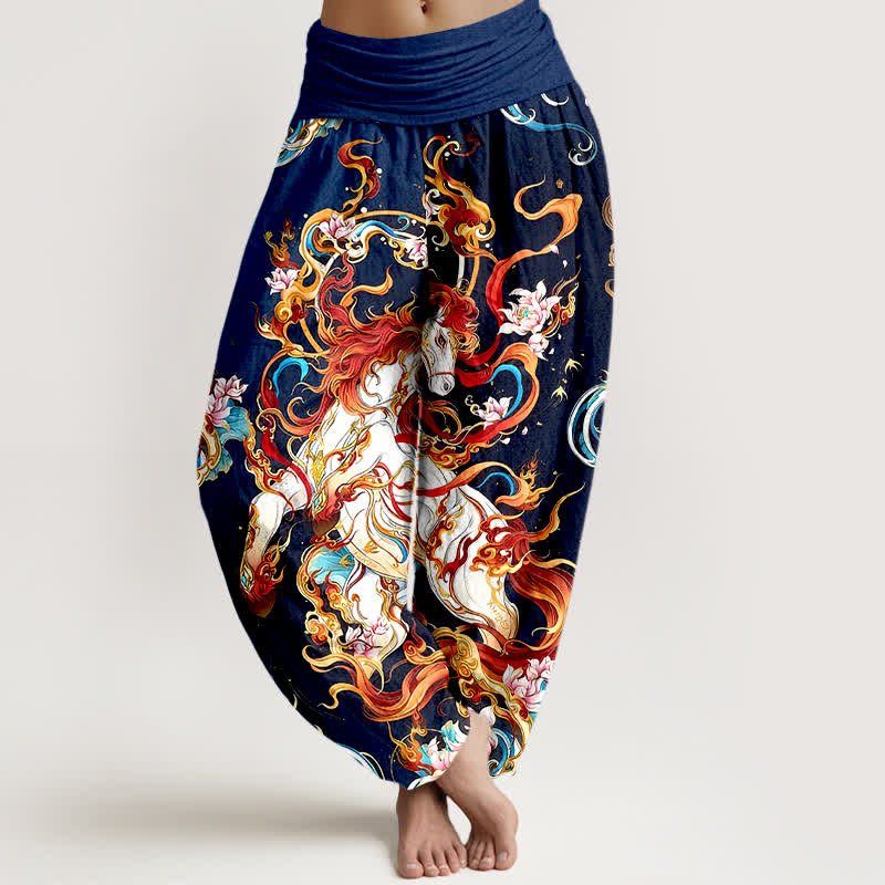 Buddha Stones Pantalones harem de mujer con cintura elástica y estampado de llamas de fénix mítico, de algodón puro. - Marina de guerra - US16，UK/AU20，EU48 (3XL) - image 5