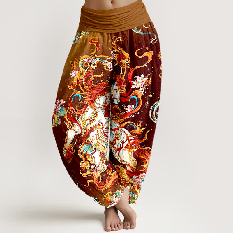 Buddha Stones Pantalones harem de mujer con cintura elástica y estampado de llamas de fénix mítico, de algodón puro. - Granate - US16，UK/AU20，EU48 (3XL) - image 8