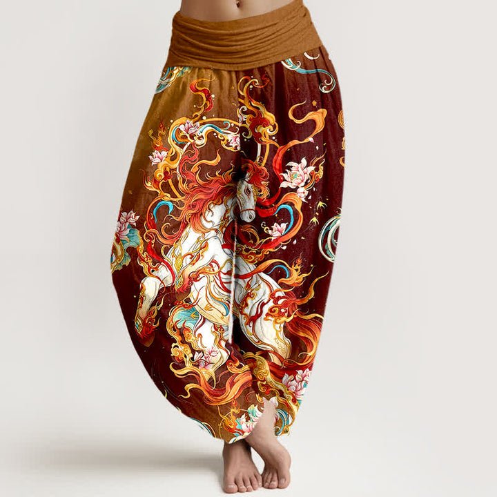Buddha Stones Pantalones harem de mujer con cintura elástica y estampado de llamas de fénix mítico, de algodón puro. - Granate - US16，UK/AU20，EU48 (3XL) - image 8