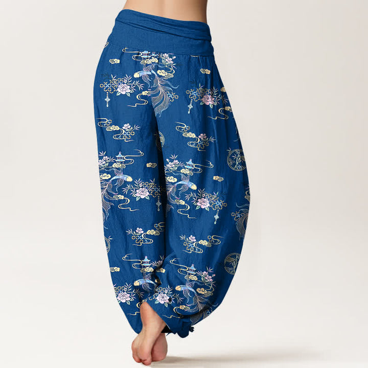 Buddha Stones Pantalones harem de mujer con cintura elástica y estampado floral oriental de algodón puro. - image 1