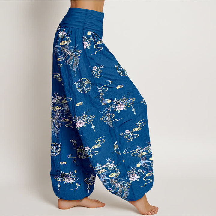 Buddha Stones Pantalones harem de mujer con cintura elástica y estampado floral oriental de algodón puro. - image 2
