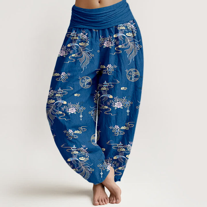 Buddha Stones Pantalones harem de mujer con cintura elástica y estampado floral oriental de algodón puro. - Azul real - US16，UK/AU20，EU48 (3XL) - image 0