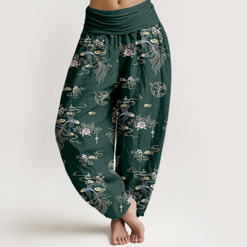 Buddha Stones Pantalones harem de mujer con cintura elástica y estampado floral oriental de algodón puro. - Verde oscuro - US16，UK/AU20，EU48 (3XL) - image 5