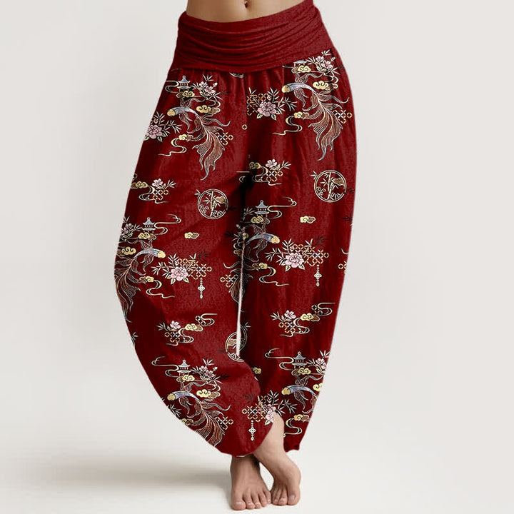 Buddha Stones Pantalones harem de mujer con cintura elástica y estampado floral oriental de algodón puro. - Granate - US16，UK/AU20，EU48 (3XL) - image 8
