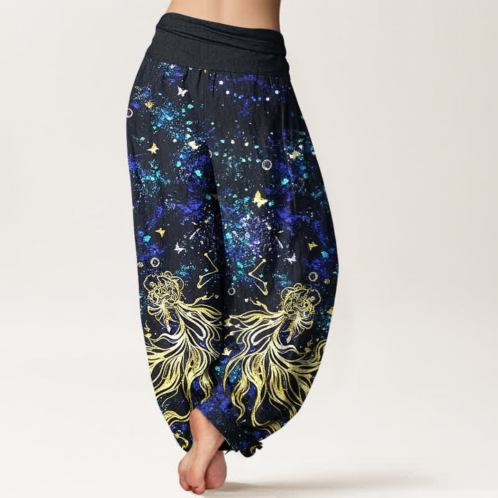 Buddha Stones Pantalones harem de algodón puro con estampado de mariposas y galaxia celestial para mujer, con cintura elástica. - image 1