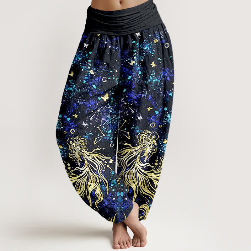 Buddha Stones Pantalones harem de algodón puro con estampado de mariposas y galaxia celestial para mujer, con cintura elástica. - Marina de guerra - US16，UK/AU20，EU48 (3XL) - image 0