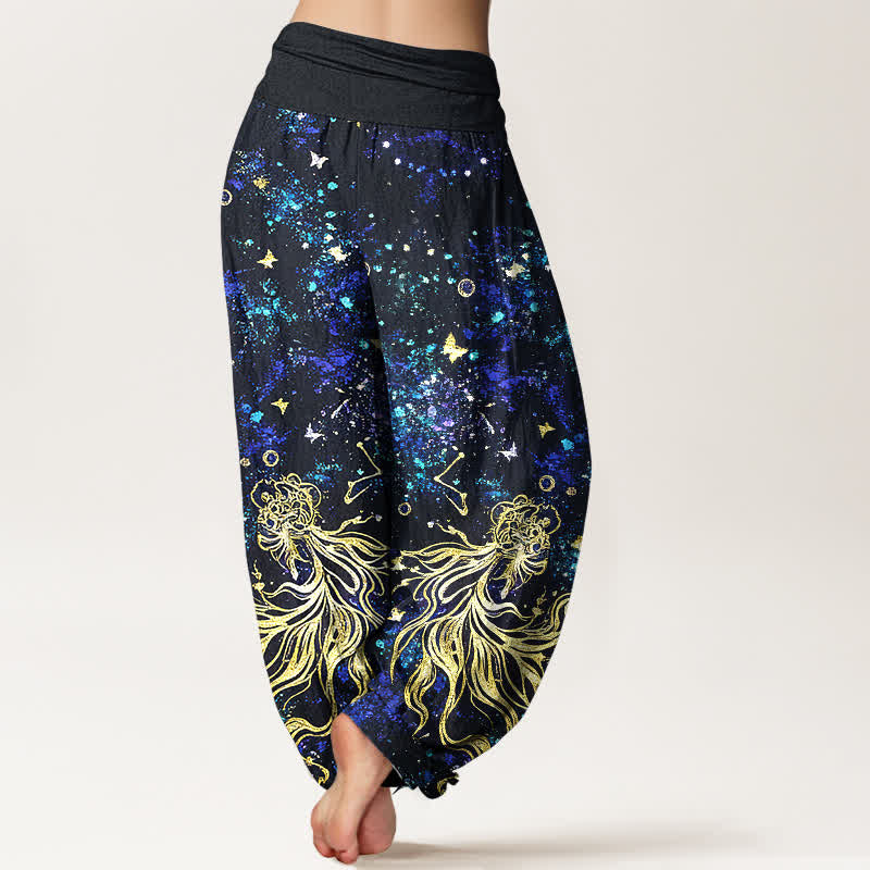 Buddha Stones Pantalones harem de algodón puro con estampado de mariposas y galaxia celestial para mujer, con cintura elástica. - image 1