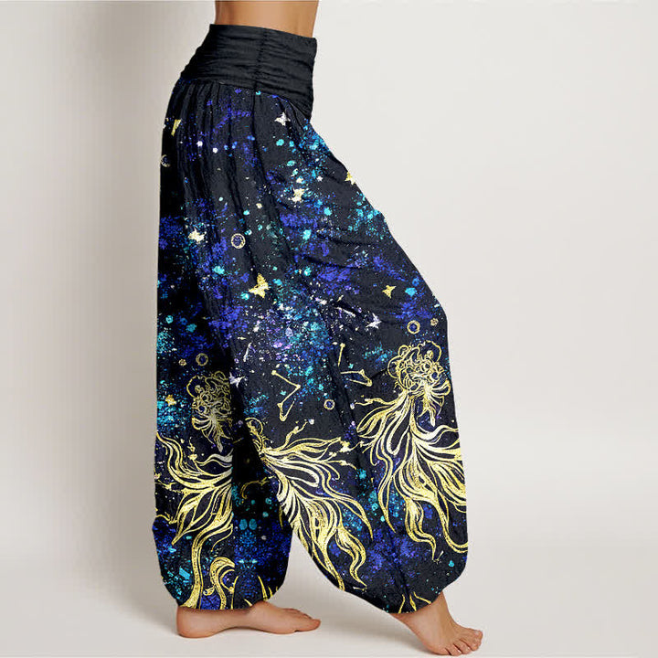 Buddha Stones Pantalones harem de algodón puro con estampado de mariposas y galaxia celestial para mujer, con cintura elástica. - image 2